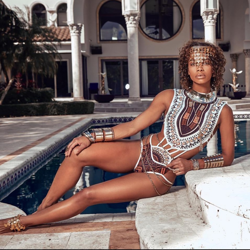 White/Orange Tribal Print Strap Monokini